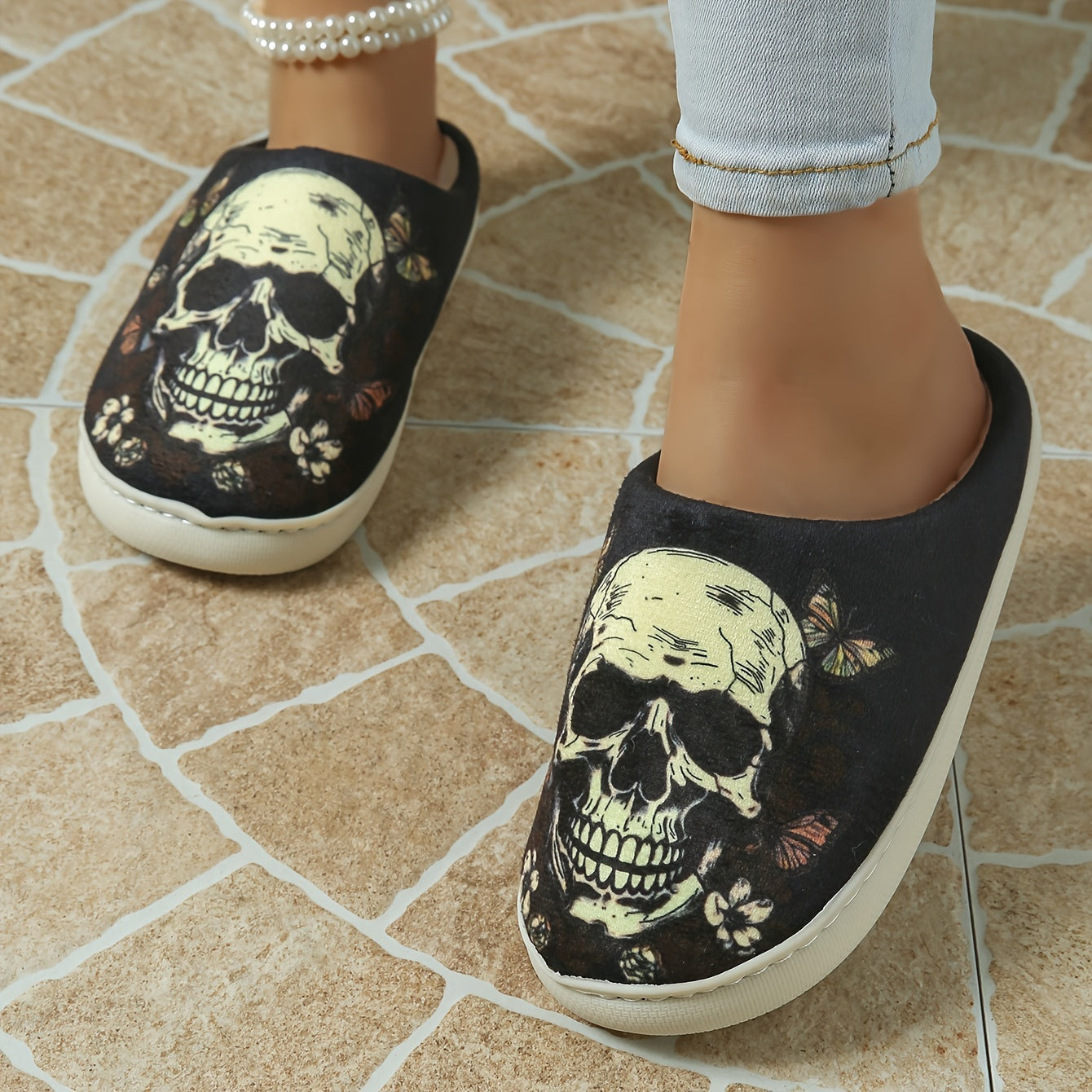 Women'S Casual Slip-On Slippers with Cartoon Skull Print, All-Season Comfort Indoor/Outdoor Slippers with Thick Anti-Slip Sole, Cixi-Made Fabric Upper and Cozy TPR Sole - North America & Europe Exclusive