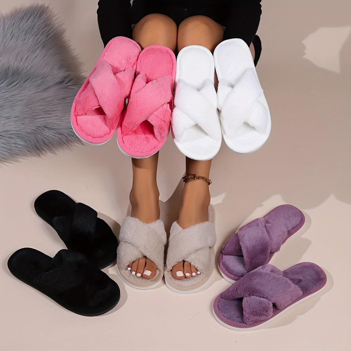 Women's Plush Cross-Strap Slip-On Slippers with Non-Slip EVA Sole - All-Season Indoor/Outdoor House Shoes for Home, Postpartum & Casual Wear (Pink/White/Black/Lavender), Ladies Slippers, Soft Plush Design, Fabric Upper And In