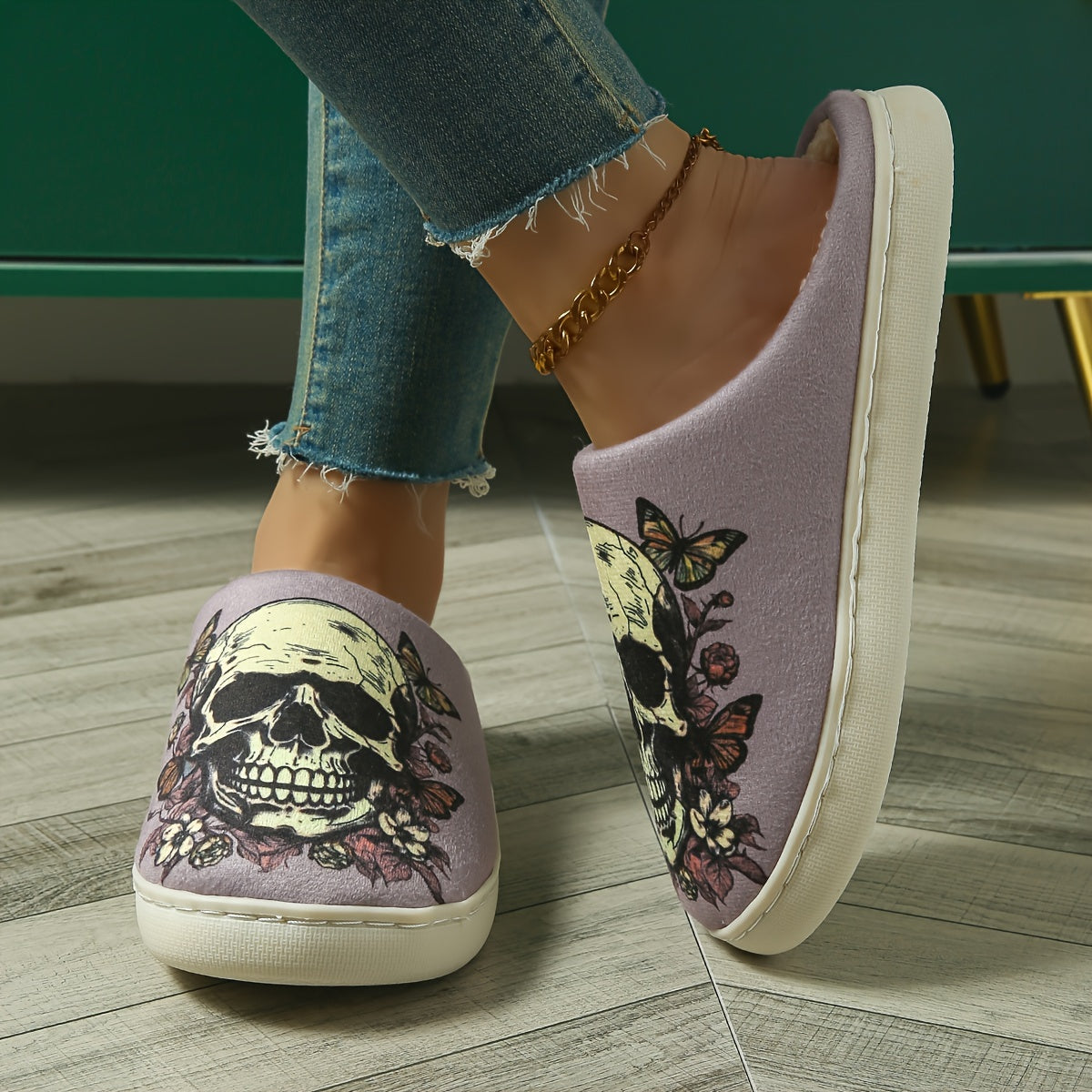 Women'S Casual Slip-On Slippers with Cartoon Skull Print, All-Season Comfort Indoor/Outdoor Slippers with Thick Anti-Slip Sole, Cixi-Made Fabric Upper and Cozy TPR Sole - North America & Europe Exclusive