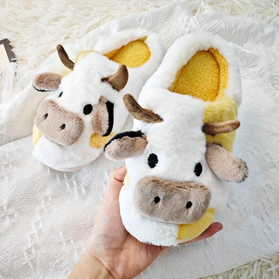 Women's Cute Cartoon Cow Slip-On Slippers - Plush Fabric Winter Indoor House Shoes with Soft Lining & Durable PVC Sole for Cozy Home Comfort, Cow Slippers, Playful Footwear, Decorative Plush Lining