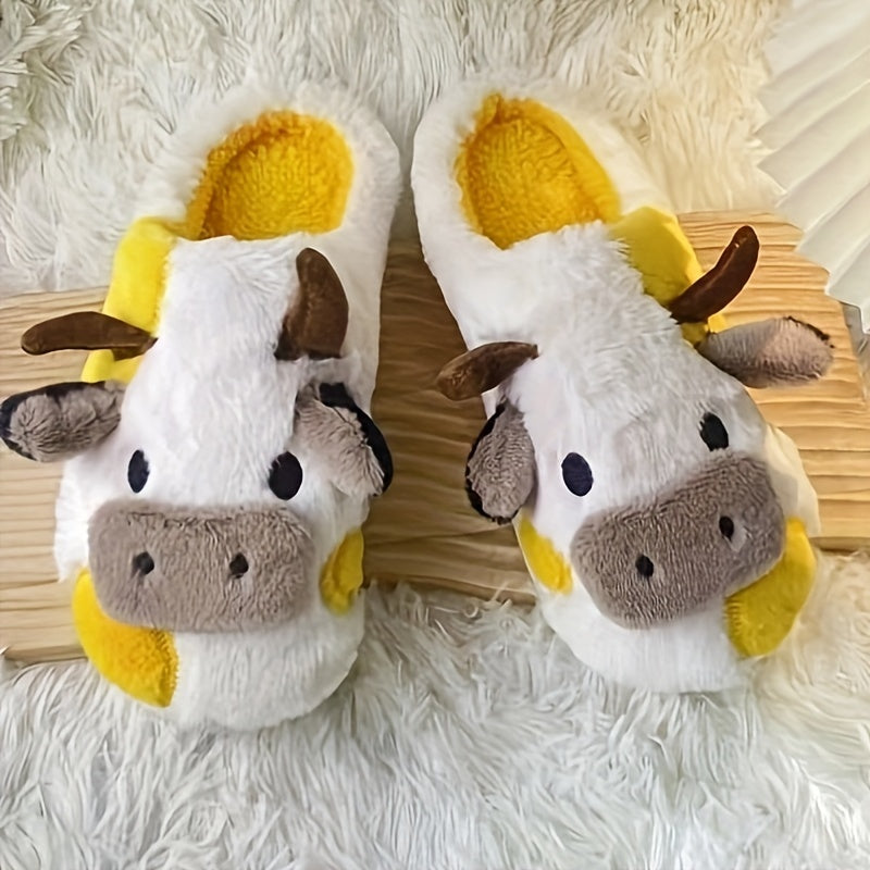 Women's Cute Cartoon Cow Slip-On Slippers - Plush Fabric Winter Indoor House Shoes with Soft Lining & Durable PVC Sole for Cozy Home Comfort, Cow Slippers, Playful Footwear, Decorative Plush Lining