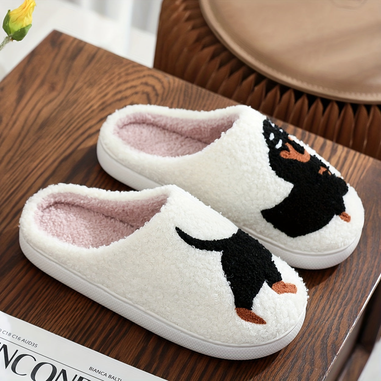 Cute Cartoon Dog Dachshund Pattern Slippers, Casual Slip On Plush Lined Shoes, Comfortable Indoor Home Slippers