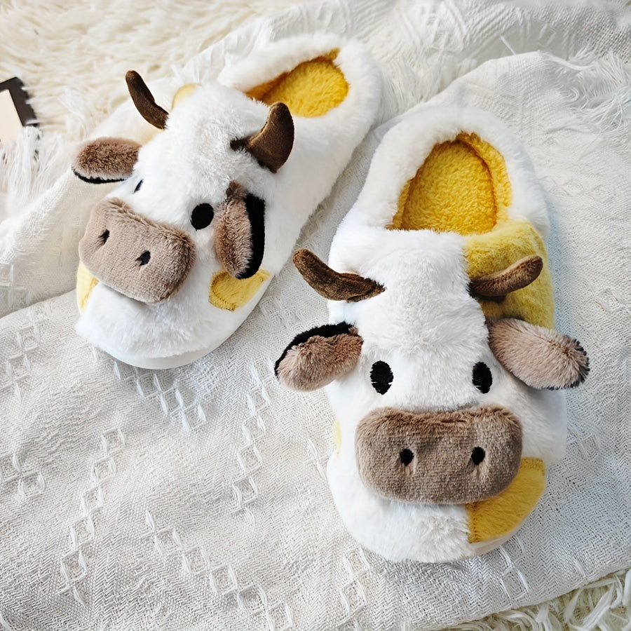 Women's Cute Cartoon Cow Slip-On Slippers - Plush Fabric Winter Indoor House Shoes with Soft Lining & Durable PVC Sole for Cozy Home Comfort, Cow Slippers, Playful Footwear, Decorative Plush Lining