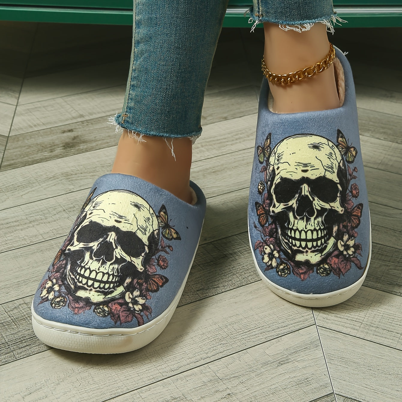 Women'S Casual Slip-On Slippers with Cartoon Skull Print, All-Season Comfort Indoor/Outdoor Slippers with Thick Anti-Slip Sole, Cixi-Made Fabric Upper and Cozy TPR Sole - North America & Europe Exclusive