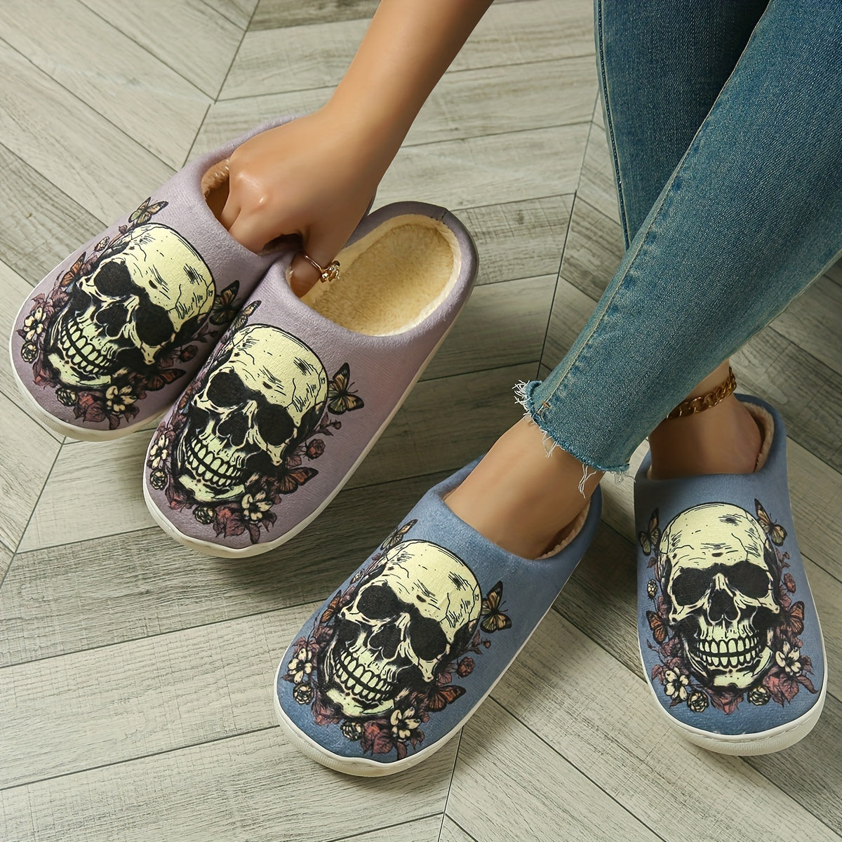 Women'S Casual Slip-On Slippers with Cartoon Skull Print, All-Season Comfort Indoor/Outdoor Slippers with Thick Anti-Slip Sole, Cixi-Made Fabric Upper and Cozy TPR Sole - North America & Europe Exclusive