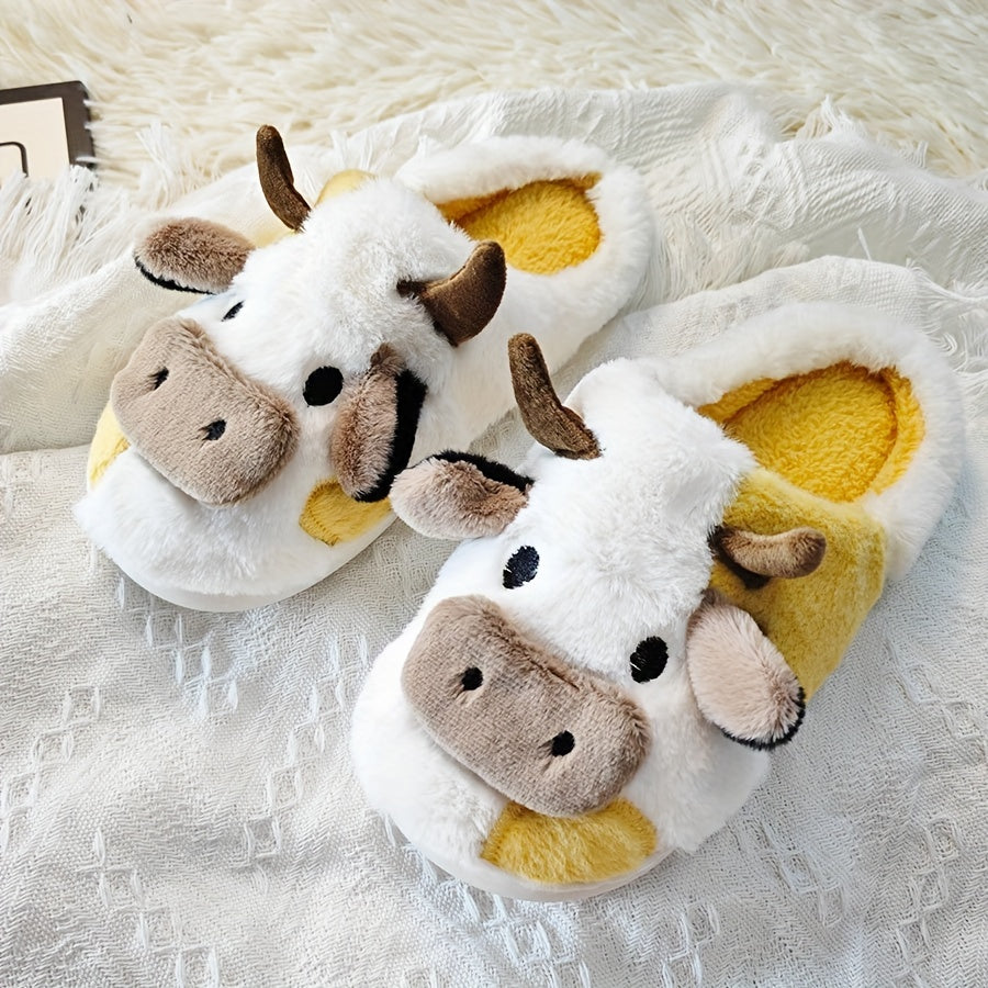 Women's Cute Cartoon Cow Slip-On Slippers - Plush Fabric Winter Indoor House Shoes with Soft Lining & Durable PVC Sole for Cozy Home Comfort, Cow Slippers, Playful Footwear, Decorative Plush Lining