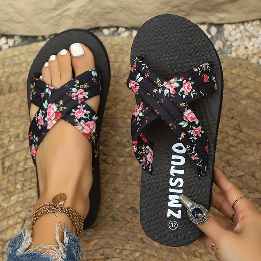 Women's Summer Outdoor Beach Casual Floral Cross Strap Open Toe Lightweight Breathable Slippers, Comfortable Anti-slip Wear-resistant Embossed EVA Insole Slippers
